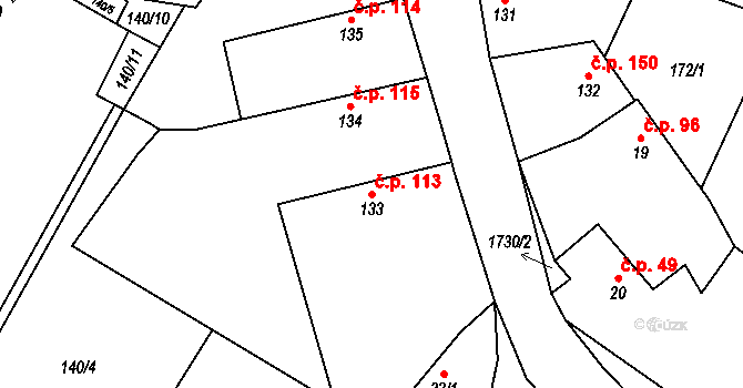 Čečelice 113 na parcele st. 133 v KÚ Čečelice, Katastrální mapa