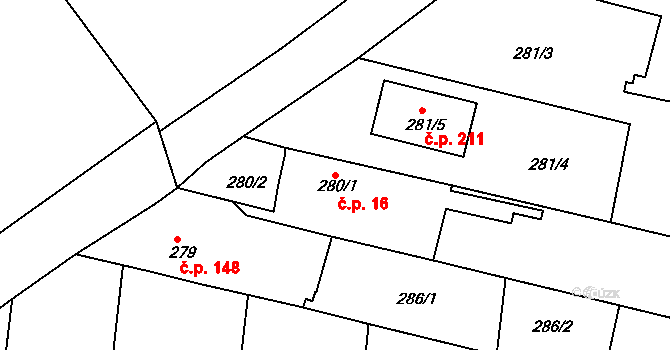 Chotutice 16 na parcele st. 280/1 v KÚ Chotutice, Katastrální mapa