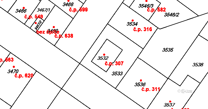 Božkov 307, Plzeň na parcele st. 3532 v KÚ Plzeň, Katastrální mapa