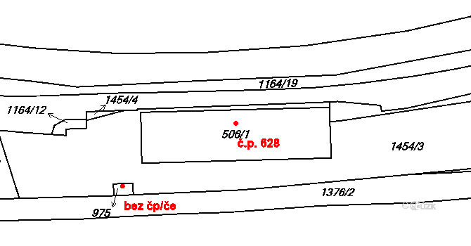Prštné 628, Zlín na parcele st. 506/1 v KÚ Prštné, Katastrální mapa