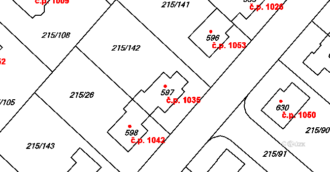 Rudná 1035 na parcele st. 597 v KÚ Hořelice, Katastrální mapa