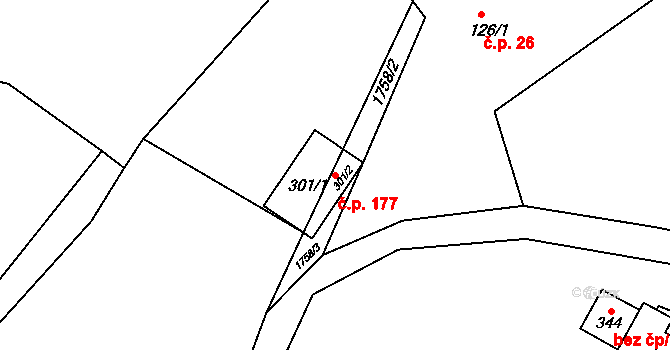 Sádek 177 na parcele st. 301/2 v KÚ Sádek u Poličky, Katastrální mapa