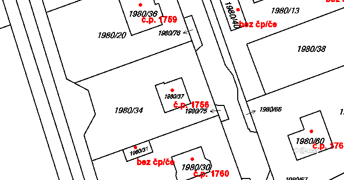 Jirkov 1756 na parcele st. 1980/37 v KÚ Jirkov, Katastrální mapa