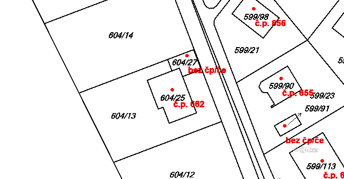 Srubec 662 na parcele st. 604/25 v KÚ Srubec, Katastrální mapa