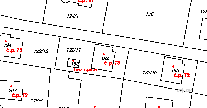 Petroupim 73 na parcele st. 184 v KÚ Petroupim, Katastrální mapa
