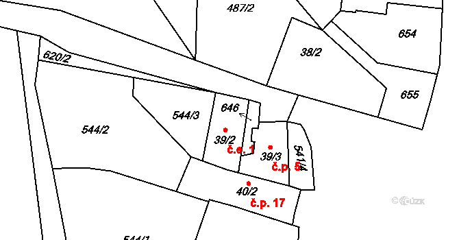 Bělečská Lhota 1, Těšovice na parcele st. 39/2 v KÚ Běleč u Těšovic, Katastrální mapa