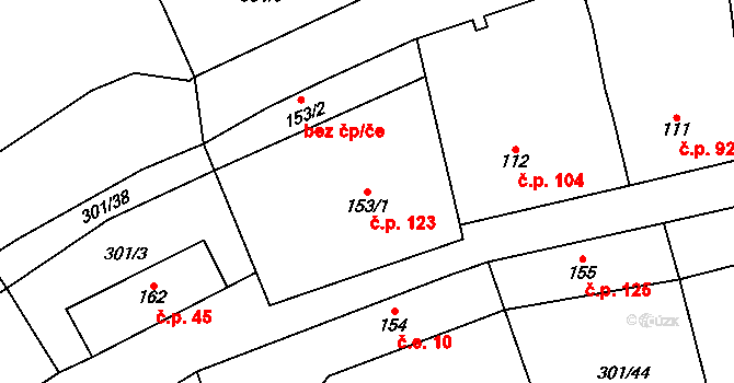 Podmokly 123 na parcele st. 153/1 v KÚ Podmokly nad Berounkou, Katastrální mapa