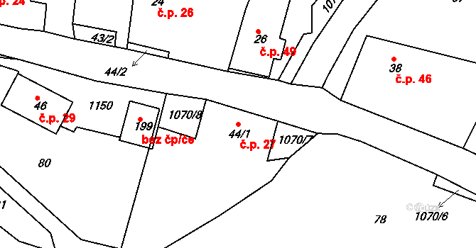 Skořice 27 na parcele st. 44/1 v KÚ Skořice, Katastrální mapa