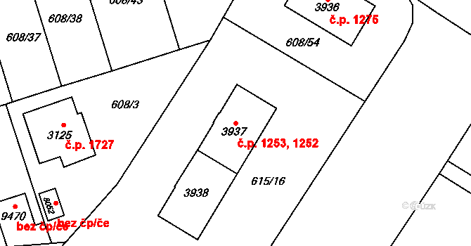 Bílé Předměstí 1252,1253, Pardubice na parcele st. 3938 v KÚ Pardubice, Katastrální mapa