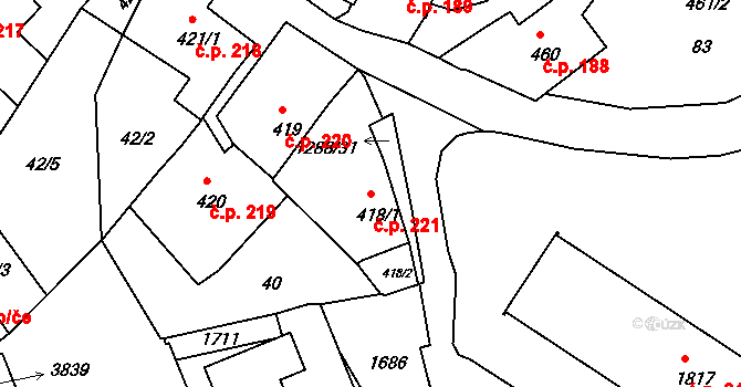Plešivec 221, Český Krumlov na parcele st. 418/1 v KÚ Český Krumlov, Katastrální mapa