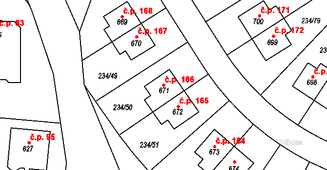 Mírovice 166, Veleň na parcele st. 671 v KÚ Veleň, Katastrální mapa