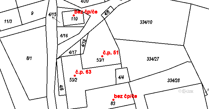 Jitkov 51 na parcele st. 53/1 v KÚ Jitkov, Katastrální mapa