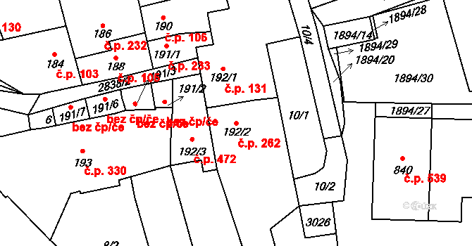 Štoky 262 na parcele st. 192/2 v KÚ Štoky, Katastrální mapa
