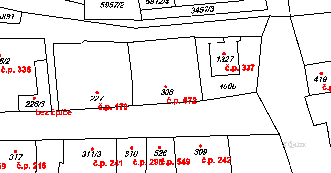 Hrušovany nad Jevišovkou 672 na parcele st. 306 v KÚ Hrušovany nad Jevišovkou, Katastrální mapa