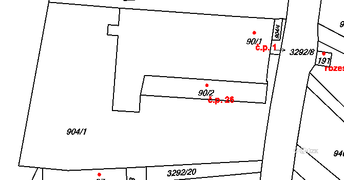Lhotka 26, Olešnice na parcele st. 90/2 v KÚ Lhotka u Třebče, Katastrální mapa