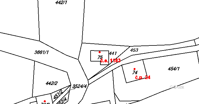 Příchovice 1183, Kořenov na parcele st. 75 v KÚ Příchovice u Kořenova, Katastrální mapa