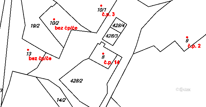 Veletín 14, Sedlec-Prčice na parcele st. 8 v KÚ Veletín, Katastrální mapa