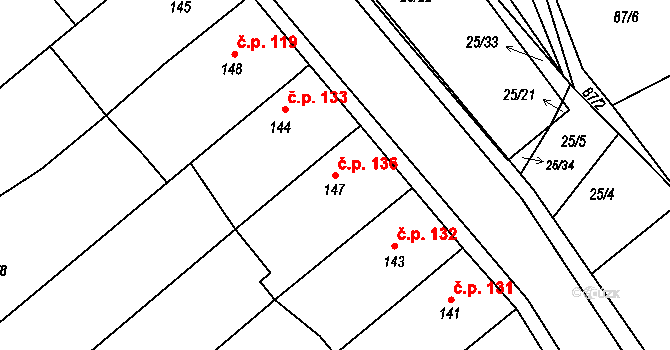 Moravská Chrastová 136, Brněnec na parcele st. 147 v KÚ Moravská Chrastová, Katastrální mapa