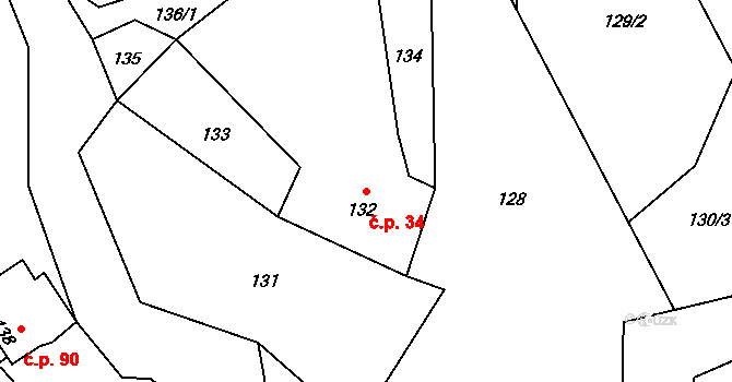 Čechovice 34, Velký Týnec na parcele st. 132 v KÚ Čechovice, Katastrální mapa