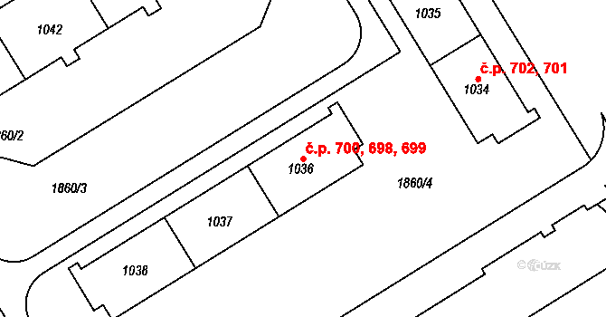 Uničov 698,699,700 na parcele st. 1036 v KÚ Uničov, Katastrální mapa