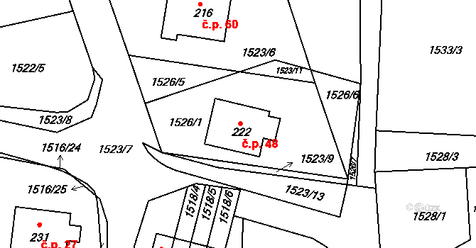 Koburk 48, Výprachtice na parcele st. 222 v KÚ Koburk, Katastrální mapa