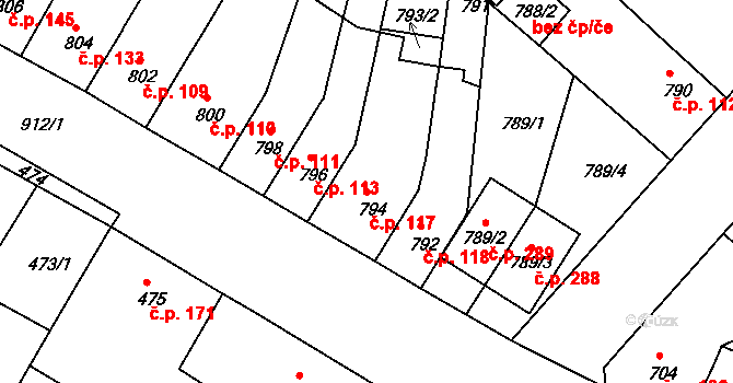 Bystřany 117 na parcele st. 794 v KÚ Bystřany, Katastrální mapa