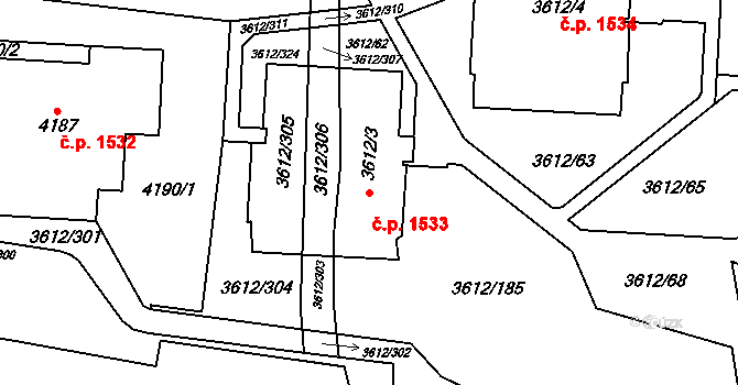 Řečkovice 1533, Brno na parcele st. 3612/3 v KÚ Řečkovice, Katastrální mapa