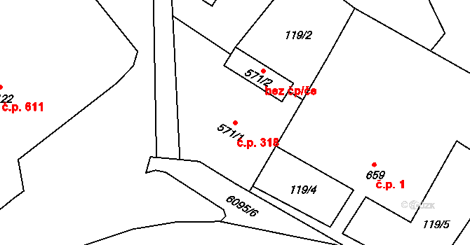 Halenkov 318 na parcele st. 571/1 v KÚ Halenkov, Katastrální mapa