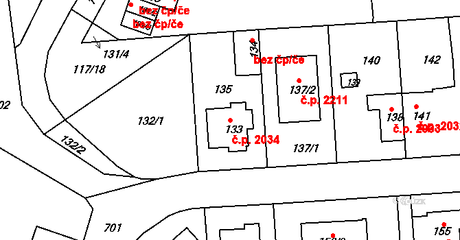 Komořany 2034, Praha na parcele st. 133 v KÚ Komořany, Katastrální mapa