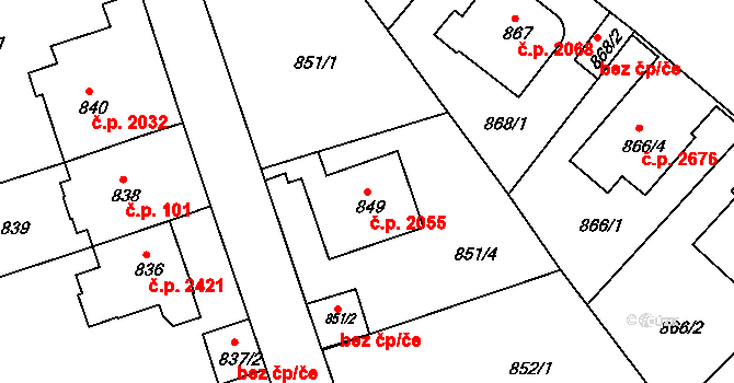Smíchov 2055, Praha na parcele st. 849 v KÚ Smíchov, Katastrální mapa