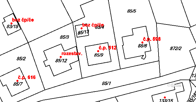 Božkov 612, Plzeň na parcele st. 85/9 v KÚ Božkov, Katastrální mapa