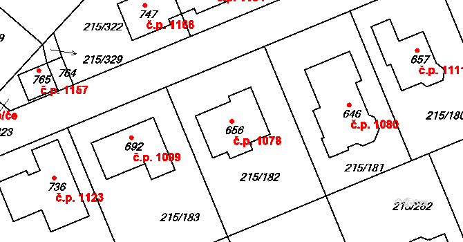 Rudná 1078 na parcele st. 656 v KÚ Hořelice, Katastrální mapa