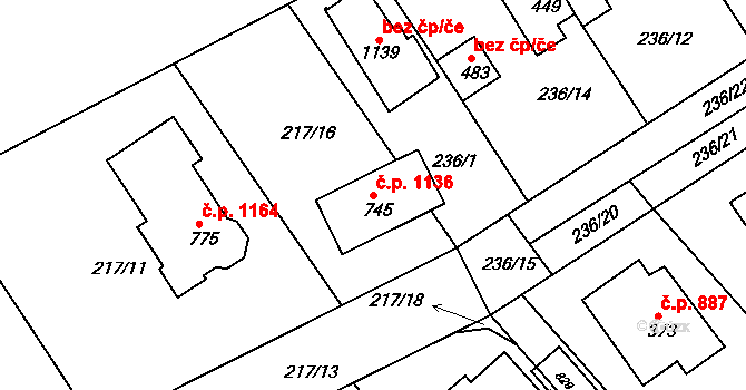 Rudná 1136 na parcele st. 745 v KÚ Hořelice, Katastrální mapa