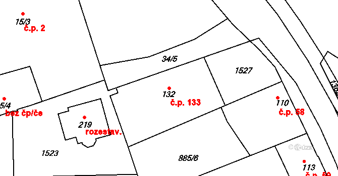 Počerny 133, Karlovy Vary na parcele st. 132 v KÚ Počerny, Katastrální mapa