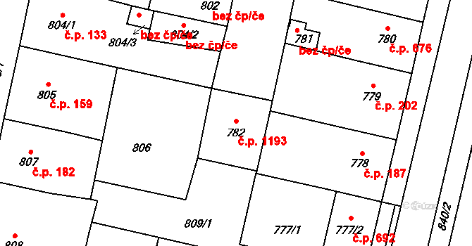 Lobzy 1193, Plzeň na parcele st. 782 v KÚ Lobzy, Katastrální mapa