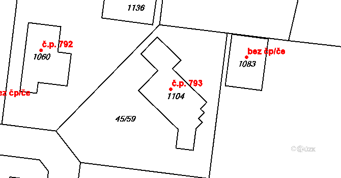 Hovorčovice 793 na parcele st. 1104 v KÚ Hovorčovice, Katastrální mapa