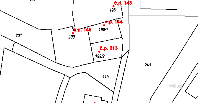 Liboš 213 na parcele st. 199/2 v KÚ Liboš, Katastrální mapa