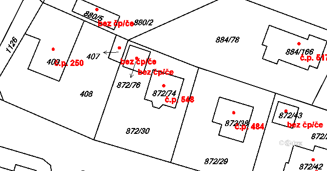 Štěnovice 548 na parcele st. 872/74 v KÚ Štěnovice, Katastrální mapa