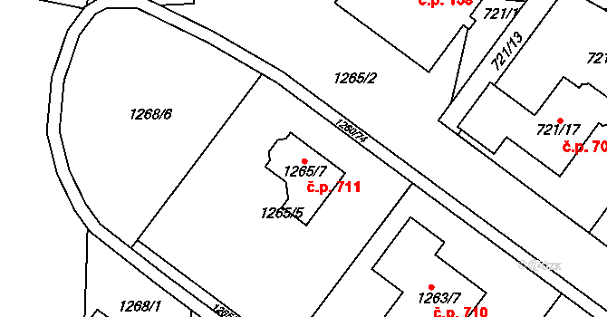 Březnice 711 na parcele st. 1265/7 v KÚ Březnice, Katastrální mapa