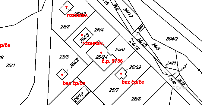 České Budějovice 3 2736, České Budějovice na parcele st. 25/24 v KÚ České Budějovice 3, Katastrální mapa