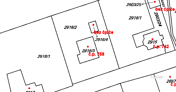 Rumburk 1 758, Rumburk na parcele st. 2916/3 v KÚ Rumburk, Katastrální mapa
