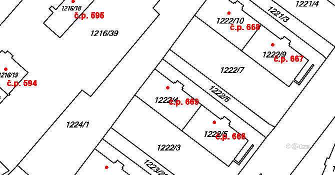 Hrušov 669, Ostrava na parcele st. 1222/4 v KÚ Hrušov, Katastrální mapa