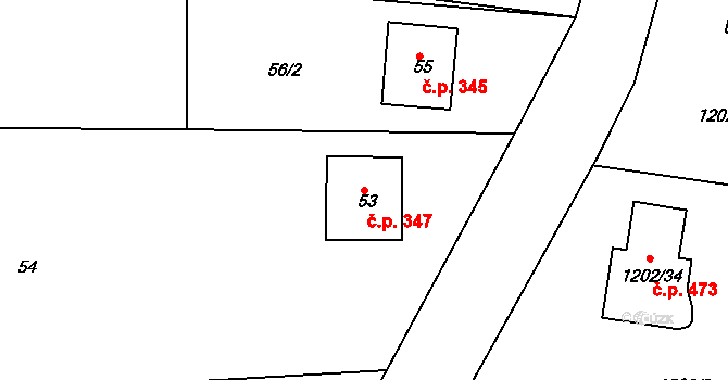 Zádveřice 347, Zádveřice-Raková na parcele st. 53 v KÚ Zádveřice, Katastrální mapa