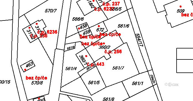 Louky 256, Zlín na parcele st. 360/2 v KÚ Louky nad Dřevnicí, Katastrální mapa