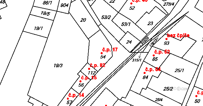 Podbřežice 17 na parcele st. 54 v KÚ Podbřežice, Katastrální mapa