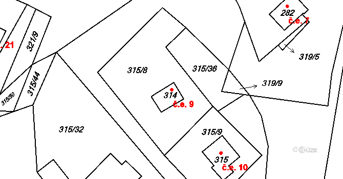 Čenkovice 9 na parcele st. 314 v KÚ Čenkovice, Katastrální mapa