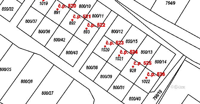 Hanušovice 523 na parcele st. 1020 v KÚ Hanušovice, Katastrální mapa
