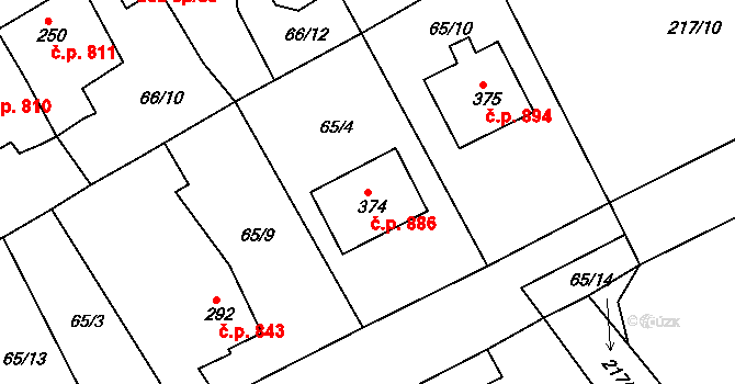 Rudná 886 na parcele st. 374 v KÚ Hořelice, Katastrální mapa