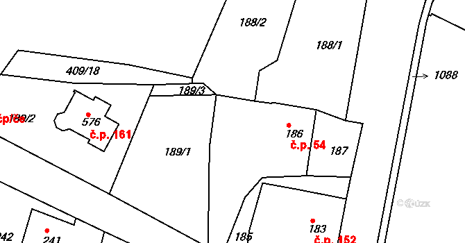 Bušovice 54 na parcele st. 186 v KÚ Bušovice, Katastrální mapa