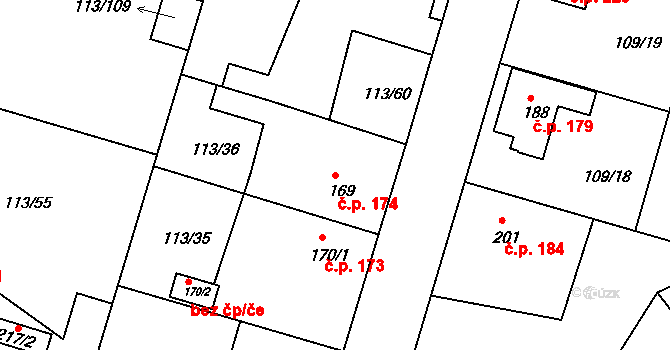 Břehy 174 na parcele st. 169 v KÚ Břehy, Katastrální mapa